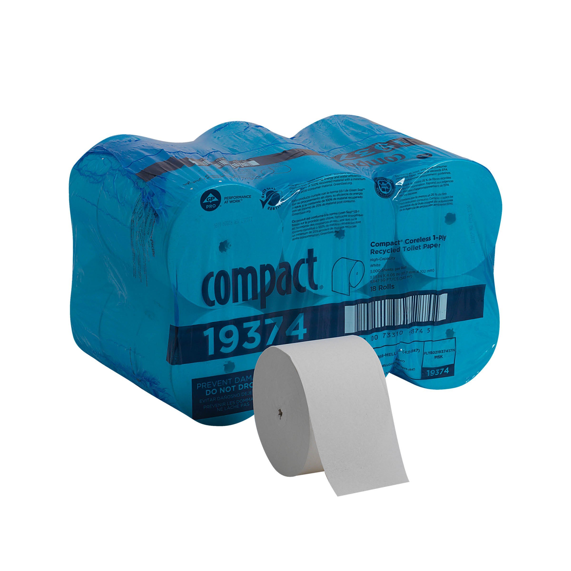 Compact Coreless 1-Ply Recycled Toilet Paper by GP PRO (Georgia-Pacific), 19374, 3,000 Sheets Per Roll, 18 Rolls Per Case - Product Image