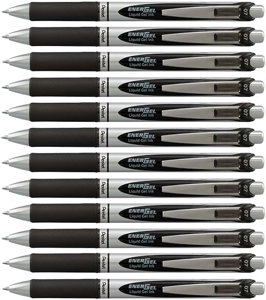 Pentel EnerGel RTX Retractable Liquid Gel Pen, (0.7mm) Medium Line, Metal Tip, Black Ink, Box of 12 (BL77-A) - Product Image