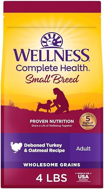 Wellness Complete Health Small Breed Dry Dog Food with Grains, Natural Ingredients, Made in USA with Real Turkey, For Dogs Up to 25 lbs, (Adult, Turkey & Oatmeal, 4-Pound Bag) - Product Image