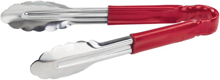 Winco 9" Stainless Steel Serving Tongs with Plastic Handle, Red - Product Image