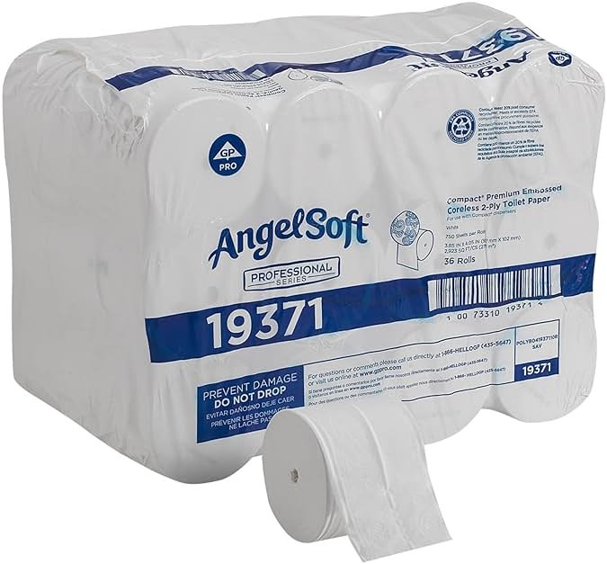 Angel Soft Professional Series Compact Premium Embossed Coreless 2-Ply High-Capacity Toilet Paper by GP PRO, White, 19371, 750 Sheets Per Roll, 36 Rolls Per Case - Product Image