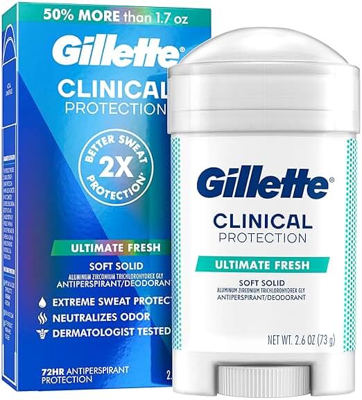 Gillette Clinical Antiperspirant and Deodorant for Men, 72hr Sweat & Odor Protection, Long Lasting Freshness, Anti-White Mark Technology, Gentle on Skin, Soft Solid, Ultimate Fresh Scent, 2.6 oz - Product Image