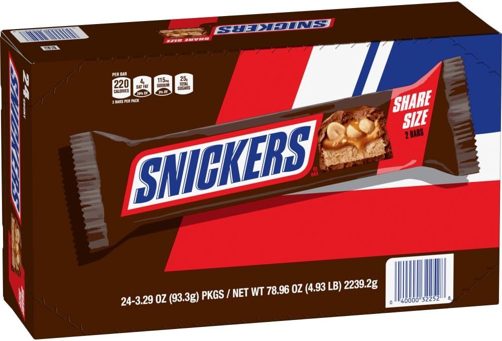 SNICKERS Candy Milk Chocolate Bars, Share Size Bulk Pack, 3.29 oz Bar (Pack of 24) - Product Image