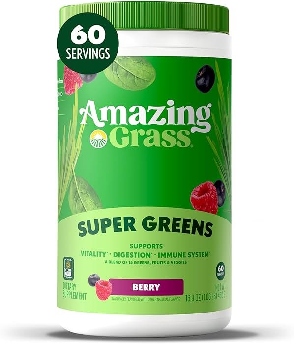 Amazing Grass Super Greens Powder, Organic, Greens Superfood Powder, Smoothie Supplements, Supports Digestion, Probiotics, Spirulina, Beet Root, Berry, 60 Servings, 16.9 Ounce (Packaging May Vary) - Product Image