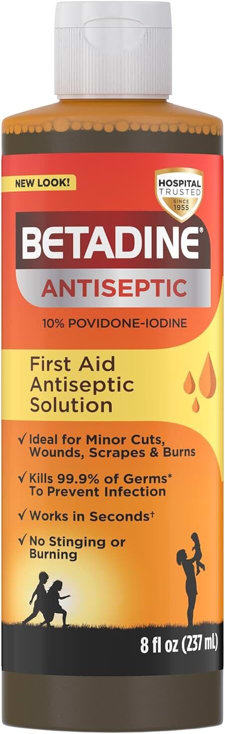 Betadine Antiseptic First Aid Solution, Povidone-Iodine 10%, Infection Protection, Kills Germs in Minor Cuts Scrapes and Burns, No Sting Promise, No Alcohol or Hydrogen Peroxide, 8 FL OZ - Product Image