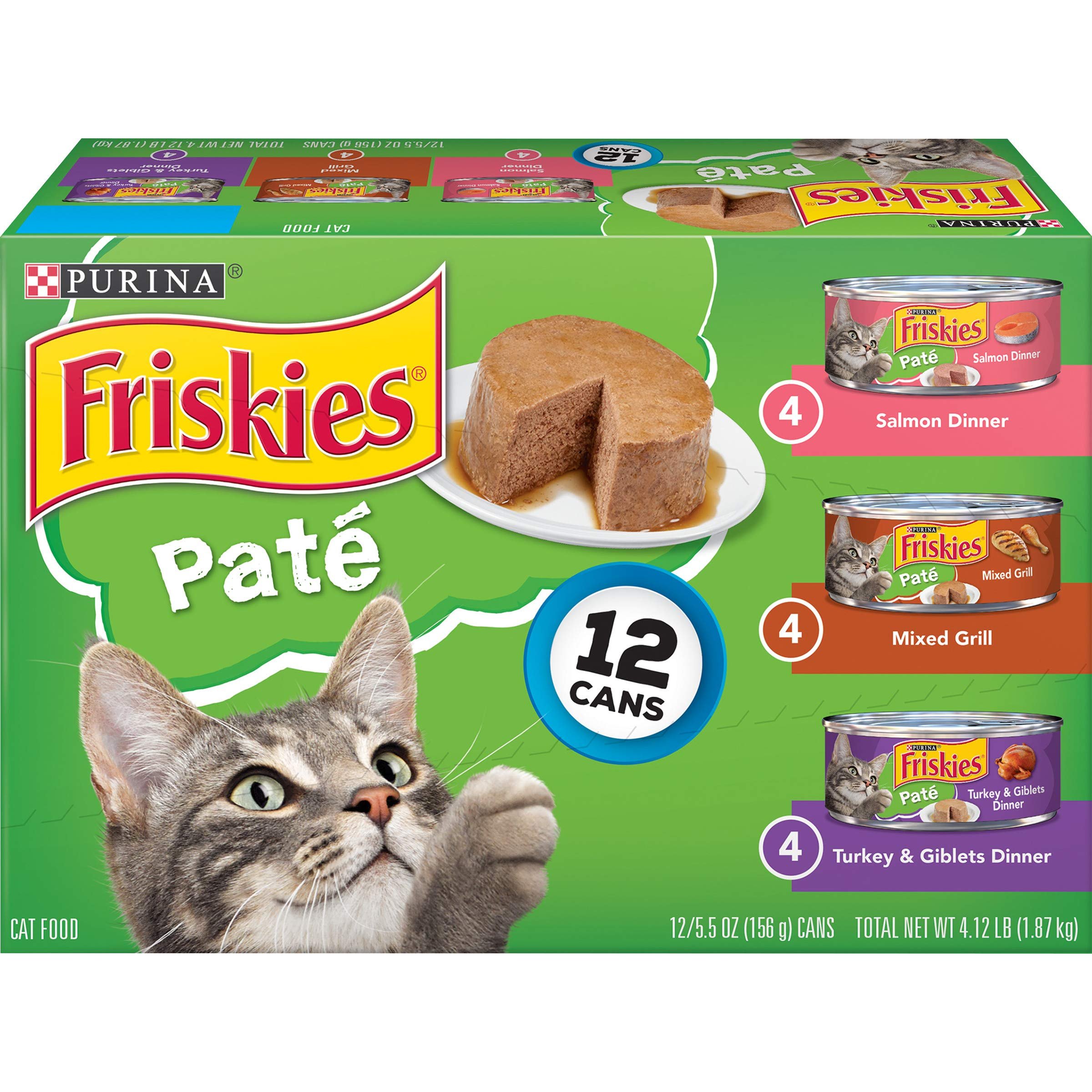 Purina Friskies Wet Cat Food Pate Variety Pack Salmon Dinner, Turkey and Giblets Dinner and Mixed Grill - (2 Packs of 12) 5.5 oz. Cans - Product Image