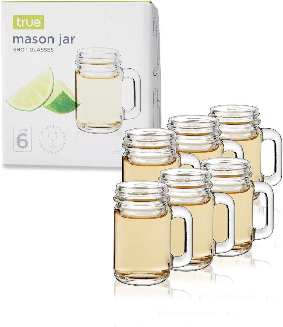 True Mason Jar Shot glasses, Reusable Mini Mason Jar shaped shot glasses with Handles, Party shot cups, Set of 6, 1 oz. - Product Image
