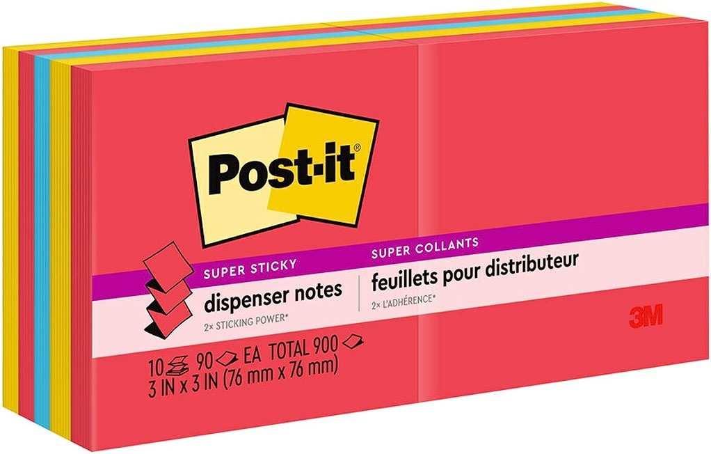 Post-it Super Sticky Dispenser Pop-up Notes, 10 Sticky Note Pads, 3 x 3 in., 2X the Sticking Power, School Supplies and Office Products, Use with Post-it Note Dispensers, Playful Primaries Collection - Product Image