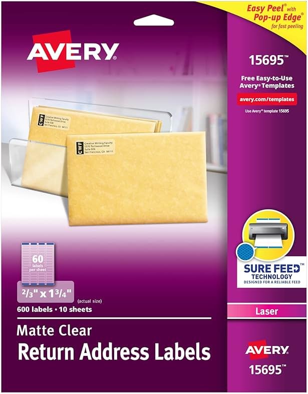 Avery Printable Return Address Labels, Sure Feed Technology, 2/3" x 1-3/4", Matte Clear, 600 Blank Mailing Labels (15695) - Product Image