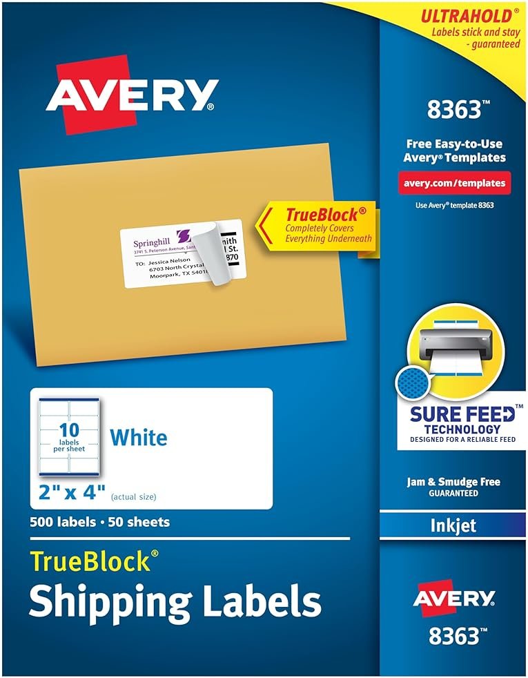 Avery Printable Shipping Labels, Sure Feed Technology, 2" x 4", White, 500 Blank Mailing Labels (8363) - Product Image