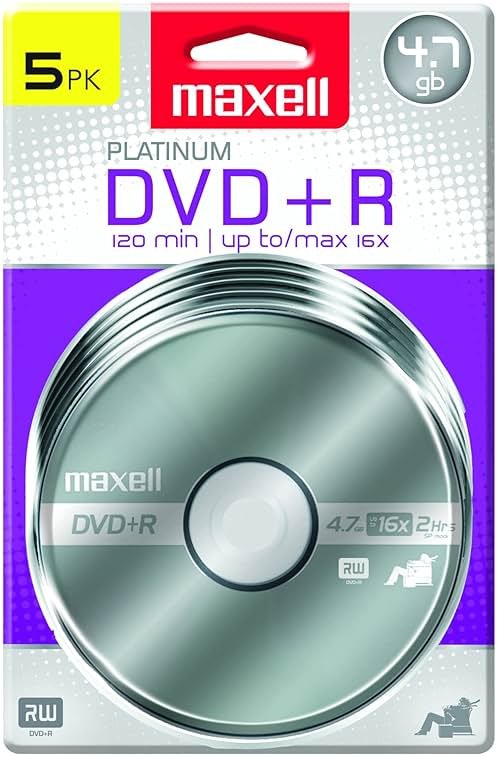 Maxell – 639031, Platinum DVD+R - High Capacity Write-Once Discs for Videos & Digital Storage - 4.7GB Storage with 16X Write Speed Up To 120 Min, Exceptional Archival Life – Pack 5 - Product Image