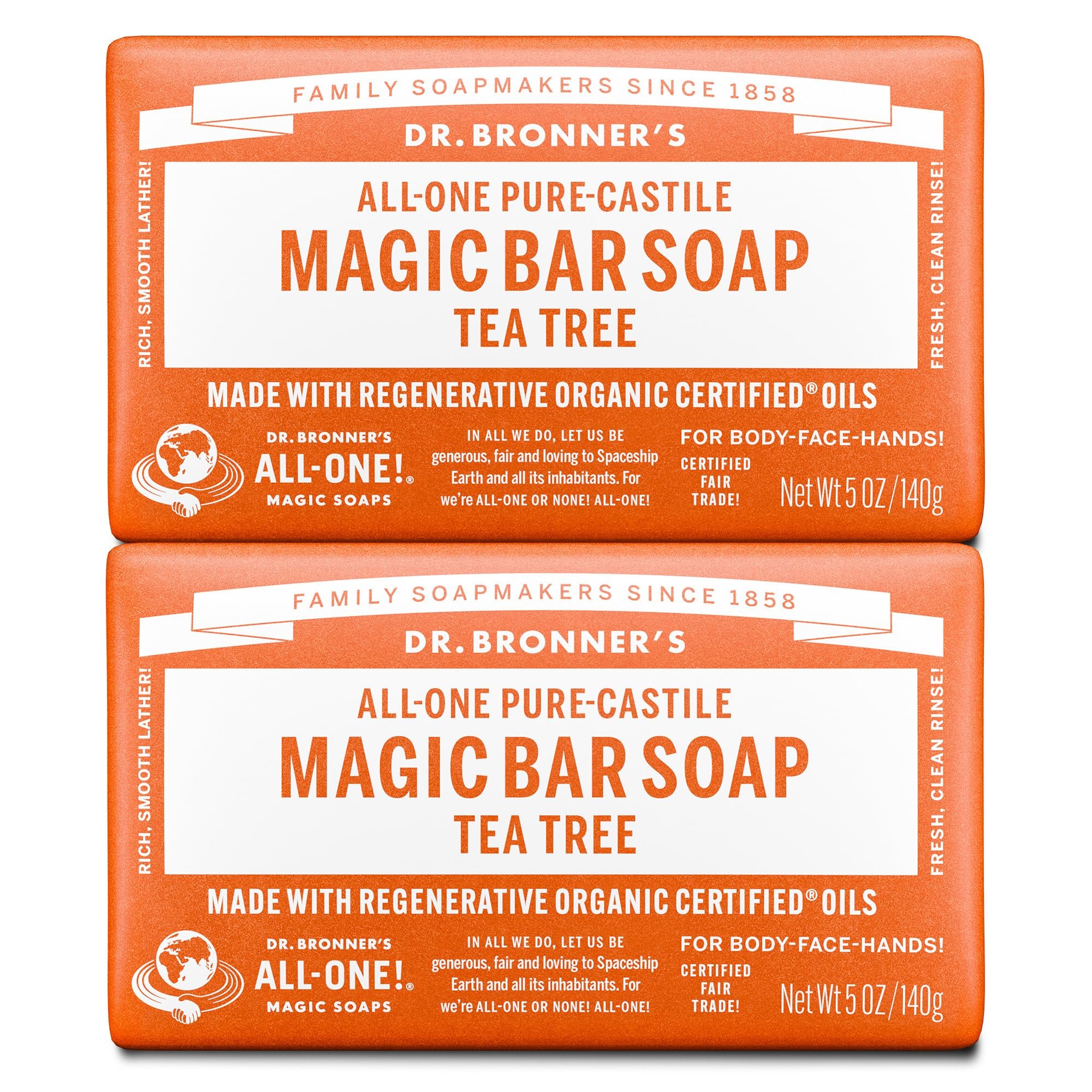 Dr. Bronner's Pure-Castile Magic Bar Soaps - Made with Regenerative Organic Certified Oils - For Face, Body, Hair- Vegan Soap Bars for Men & Women - Tea Tree, 2 pack, 5 oz - Product Image