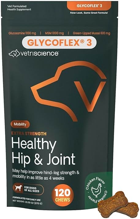 VetriScience Extra Strength Hip & Joint Supplement for Dogs – Supports Joint Health & Mobility, Vet-formulated w/Glucosamine, MSM & Green-Lipped Mussel – Chicken Flavor, 120 Chews - Product Image