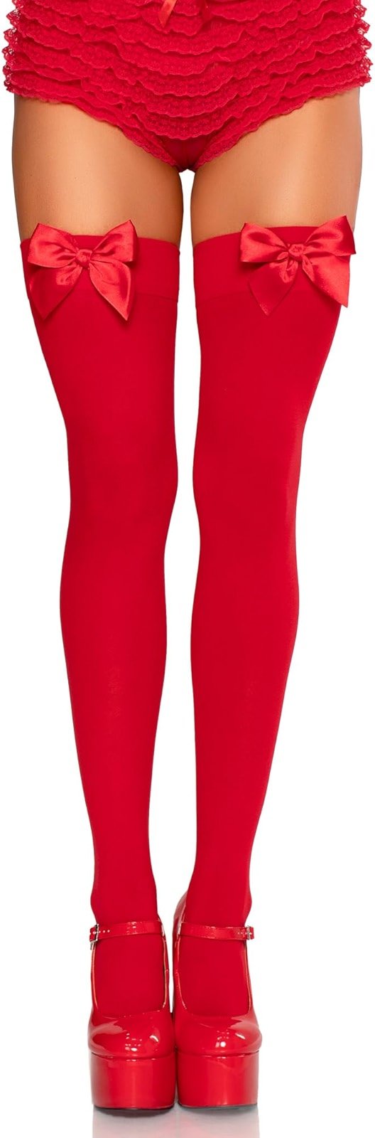 Leg Avenue Womens Satin Bow Accent Thigh Highs, O/S, Red - Product Image
