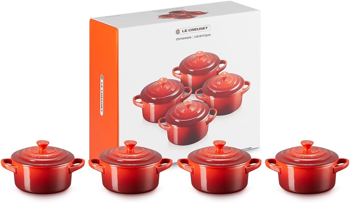 Le Creuset Stoneware Set of 4 Mini Cocottes with Cookbook, 8 oz. each, Cerise - Product Image