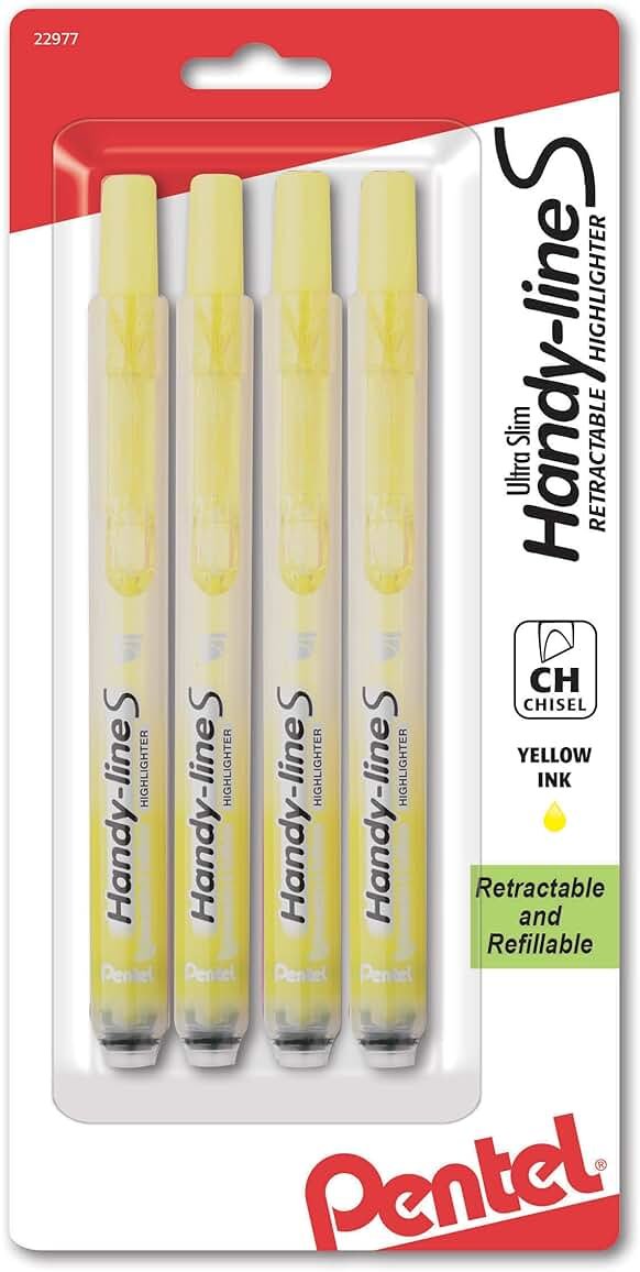 Pentel Handy-Line S Retractable Highlighter, Chisel Tip, Yellow Ink, 4/Pack (SXS15BP4G) - Product Image