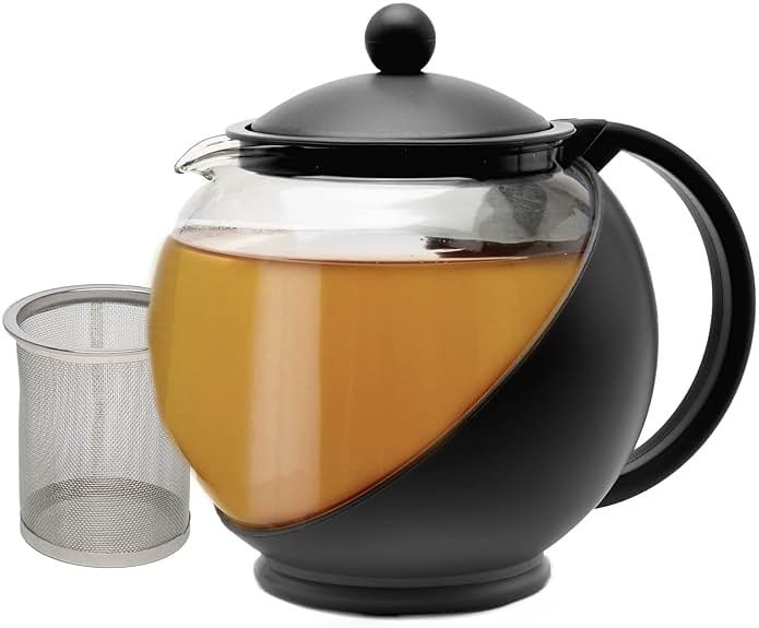 Primula Half Moon Teapot with Removable Infuser, Glass Tea Maker with Reusable Fine Mesh Stainless Steel Filter, Dishwasher Safe, 40-Ounce, Black - Product Image