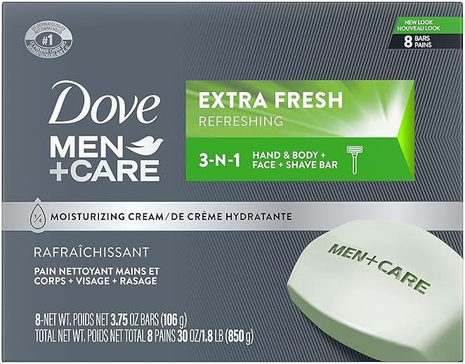 DOVE MEN + CARE 3 in 1 Bar Cleanser for Body, Face, and Shaving Extra Fresh Body and Facial Cleanser More Moisturizing Than Bar Soap to Clean and Hydrate Skin 3.75 Ounce (Pack of 8) - Product Image