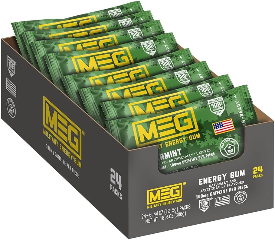 MEG (Military Energy Gum) - Spearmint | Enhance Your Physical Performance with 100mg of Caffeine Per Piece, Ultimate Energy Boost for Workouts, Alternative to Energy Drinks | NSF for Sport® Certified - Pack of 24 - Product Image