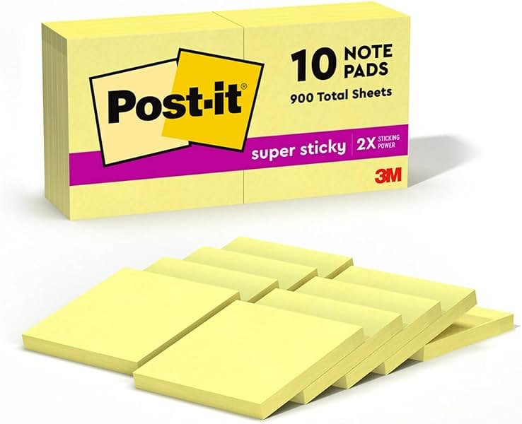 Post-it Super Sticky Notes, 10 Sticky Note Pads, 3 x 3 in., School Supplies, Office Products, Sticky Notes for Vertical Surfaces, Monitors, Walls and Windows, Canary Yellow - Product Image
