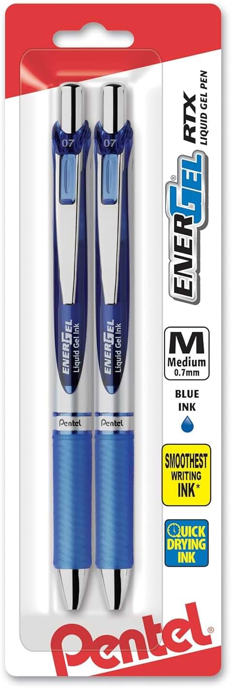 Pentel EnerGel Deluxe RTX Retractable Liquid Gel Pen, 0.7mm, Metal Tip, Blue Ink, 2 Pack (BL77BP2C) - Product Image