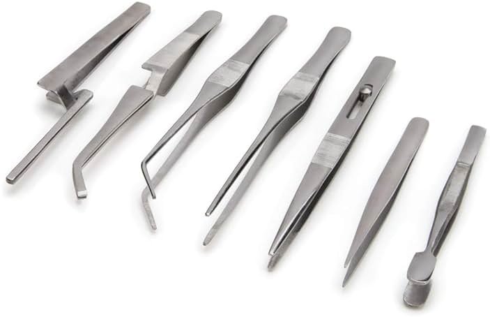 Steelman 7-Piece Tweezer Variety Tool Set for Electronic Repairs, Jewelry Making, and Model Building, Stainless Steel, Includes Sharp, Angled, Blunt, and Offset Tips, Storage Case Included - Product Image