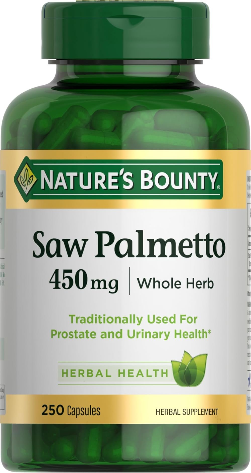 Nature's Bounty Saw Palmetto Support for Prostate and Urinary Health, Herbal Health Supplement, 450mg, 250 Capsules - Product Image