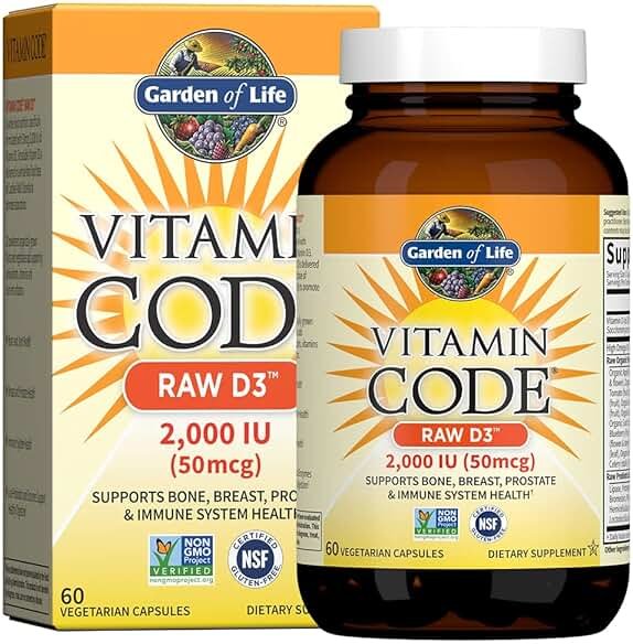 Garden of Life Vitamin D, Vitamin Code Raw D3, Vitamin D 2,000 IU, Raw Whole Food D3 Supplements with Chlorella, Fruit, Veggies & Probiotics for Bone & Immune Health, 60 Vegetarian Capsules - Product Image