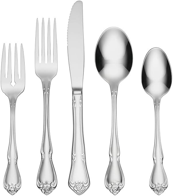 Oneida True Rose 45 Piece Everyday Flatware, Service for 8, 18/0 Stainless Steel, Silverware Set, Silver - Product Image