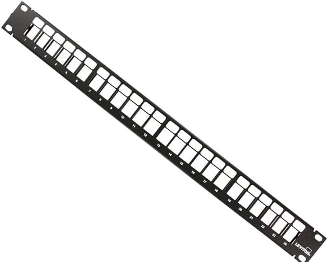 Leviton 49255-H24 QuickPort Patch Panel, 24-Port, 1RU, Cable Management Bar Included , Black, Metal, Electrical Outlet - Product Image