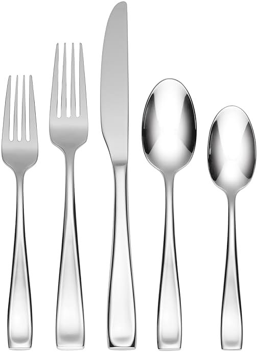 Oneida Silverware Set For 12, Moda 65-Piece Fine Flatware Set with Serving Utensils, Service For 12, 18/10 Stainless Steel, Dishwasher Safe For home, Knives Spoons and Forks Set (Silver, 65 pieces) - Product Image