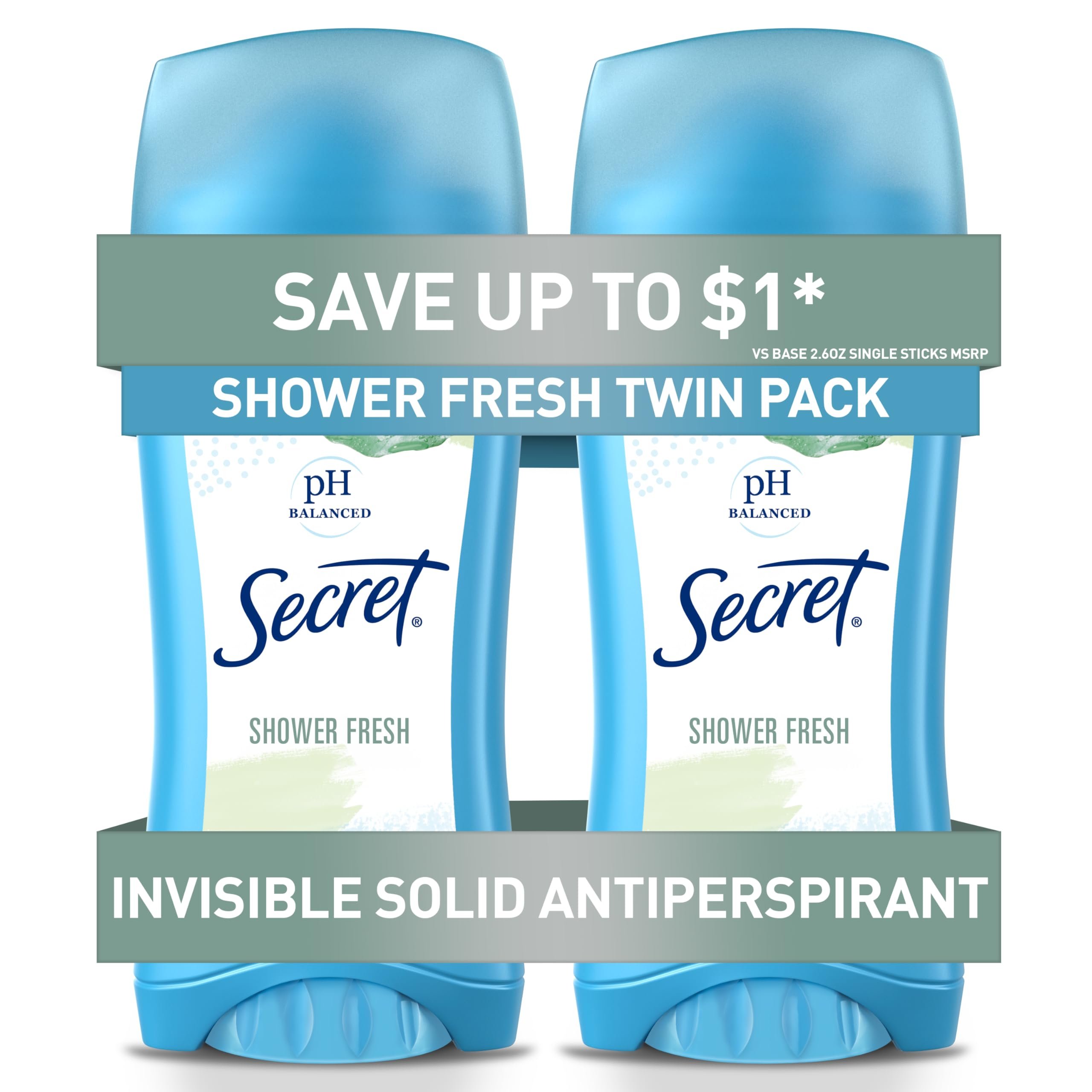 Secret Antiperspirant and Deodorant for Women, 24hr Sweat & Odor Protection, PH Balanced Protection, Gentle on Skin, Invisible Solid, Shower Fresh Scent, 2.6 oz (Pack of 2) - Product Image