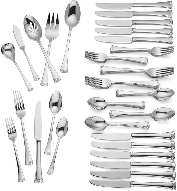 Lenox Silverware Set For 12, Portola 65-Piece Flatware Set with Serving Utensils, Service For 12, 18/10 Stainless Steel Flatware, Dishwasher Safe, Knives Spoons and Forks (Silver, 65 pieces) - Product Image
