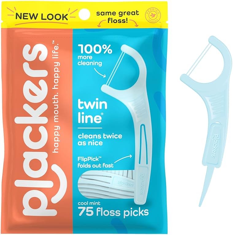 Plackers® Twin Line® Floss Picks with Tuffloss® Fiber & FlipPick®, Intense Mint, Double-Line Flosser for Effective Plaque Removal, 75 Count - Product Image