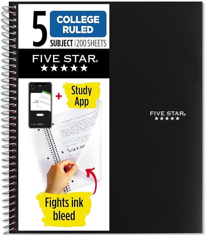 Five Star Spiral Notebook + Study App, 5 Subject, College Ruled Paper, 8-1/2" x 11", 200 Sheets, Fights Ink Bleed, Water Resistant Cover, Black (72081) - Product Image