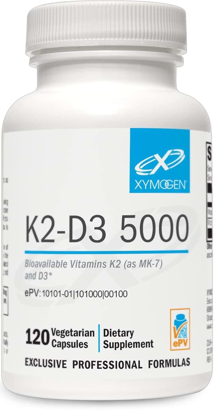 XYMOGEN K2-D3 5000 - Vitamin D3 K2 Supplement for Immune, Bone & Cardiovascular Support* - Non-GMO, Gluten Free, Vegetarian - 120 Capsules - Product Image