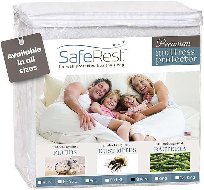 SafeRest Waterproof Queen Size Mattress Protector - Fitted with Stretchable Pockets - Machine Washable Cotton Blend Mattress Cover for Bed - Product Image