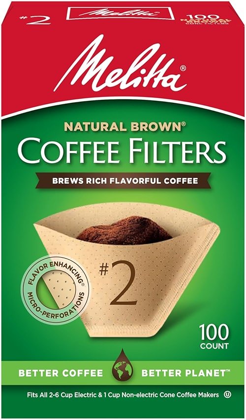 Melitta #2 Cone Coffee Filters, Natural Brown, 100 Count - Fits all 2-6 Cup Cone Coffee Makers and 1-cup Pour-Over Brewers, Compostable, Tear-Resistant, Made in USA - Product Image
