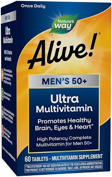 Nature's Way Alive! Ultra Potency Multivitamin for Men 50 Plus, Complete High Potency Formula with Vitamin D3, C, E, Methyl B12, Supports Cellular Energy, Heart, Brain, and Eye Health,* 60 Tablets - Product Image
