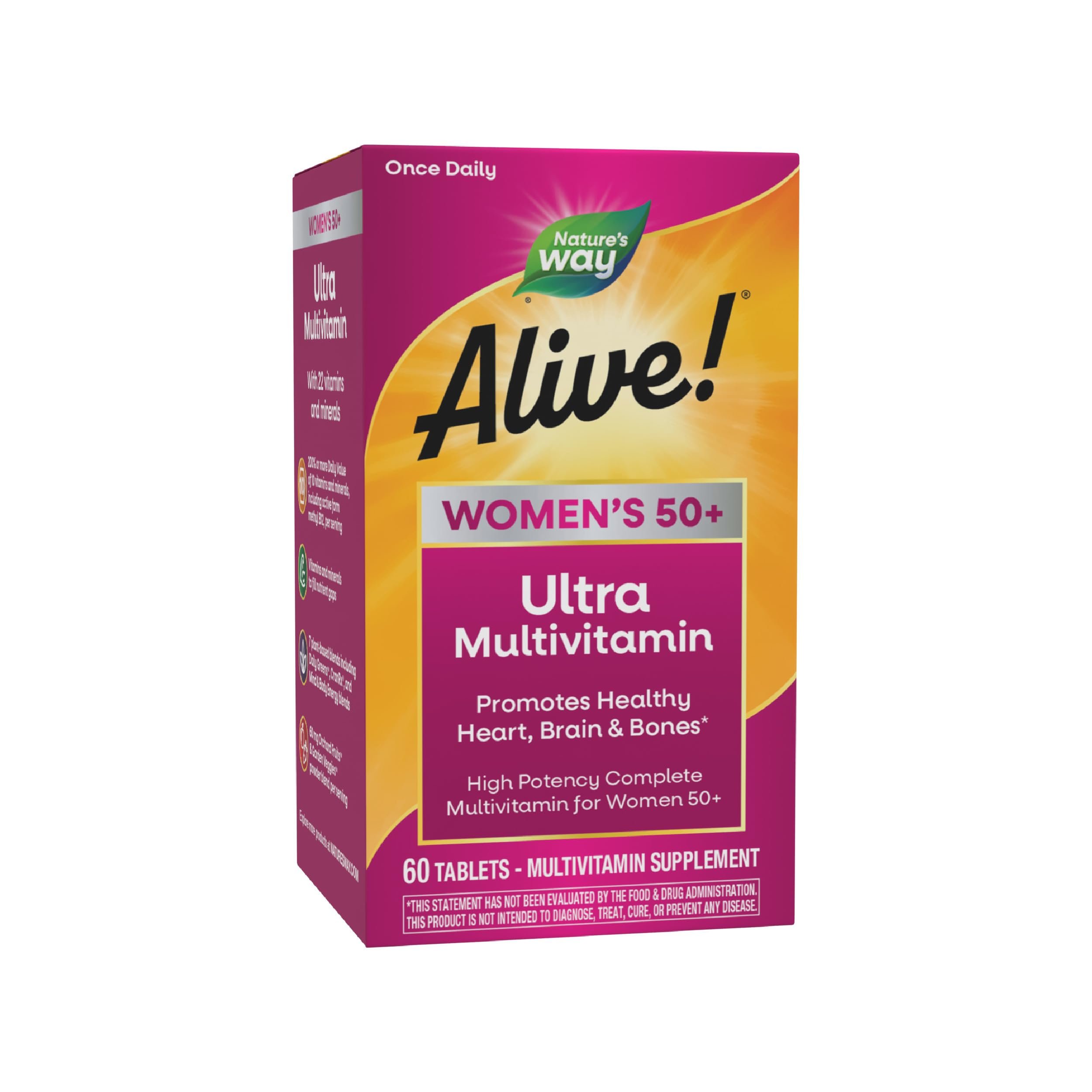 Nature's Way Alive! Ultra Potency Multivitamin for Women 50 Plus, Complete High Potency Formula with Vitamin D3, C, E, Methylated B12, Supports, Heart, Brain, and Bone Health*, 60 Tablets - Product Image