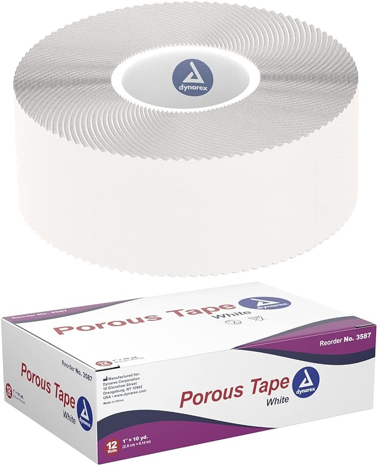 Dynarex Porous Tape - Adhesive Medical Tape for Wound Care - Non Sterile, Easy to Tear, No Natural Rubber Latex - White, 1" x 10 Yards Per Roll, 1 Box, 12 Rolls - Product Image