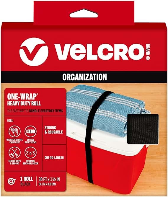 VELCRO Brand ONE-WRAP Roll Black | 30 Ft x 1-1/2 In | Reusable Self-Gripping Hook and Loop Tape | Cut Straps to Bundle Tie Materials and Tools in Garage Shed or Worksite - Product Image