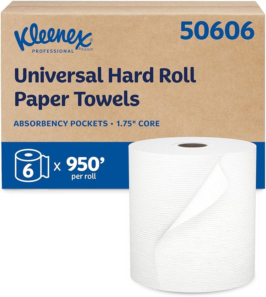 Kleenex® Universal Hard Roll Paper Towels, Bulk (50606), Hardwound 1.75" Core, Premium Absorbency Pockets™, White, (600'/Roll, 6 Rolls/Case, 3,600'/Case) - Product Image