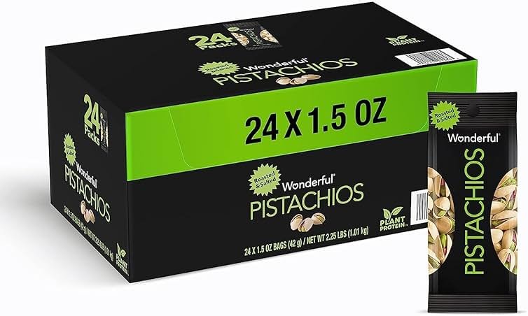 Wonderful Pistachios In Shell, Roasted and Salted Nuts, 1.5 Ounce Bag (Pack of 24), Protein Snack, On-the-Go, Individually Wrapped Healthy Snack - Product Image