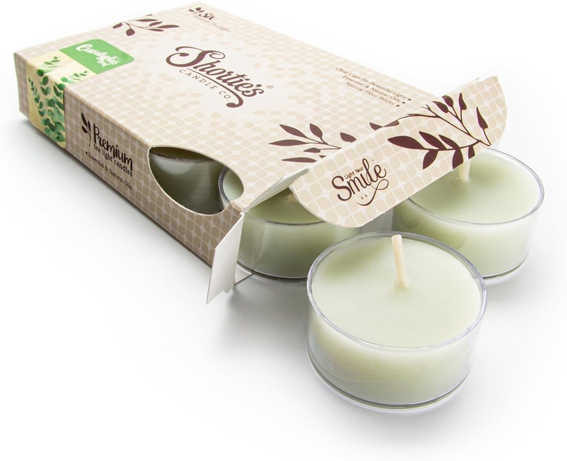 Eucalyptus Leaf Premium Tealight Candles - Highly Scented with Essential & Natural Oils - 6 Green Tea Lights - Beautiful Candlelight - Made in the USA - Fresh & Clean Collection - Product Image