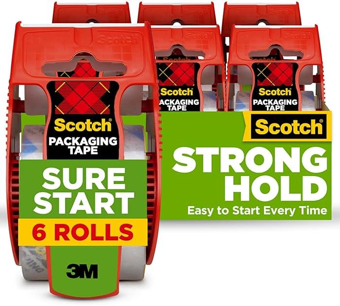 Scotch Sure Start Packing Tape, Clear, Quiet Unwind and Easy Start, 1.88 in. x 22.2 yd., 6 Tape Rolls with Dispensers - Product Image