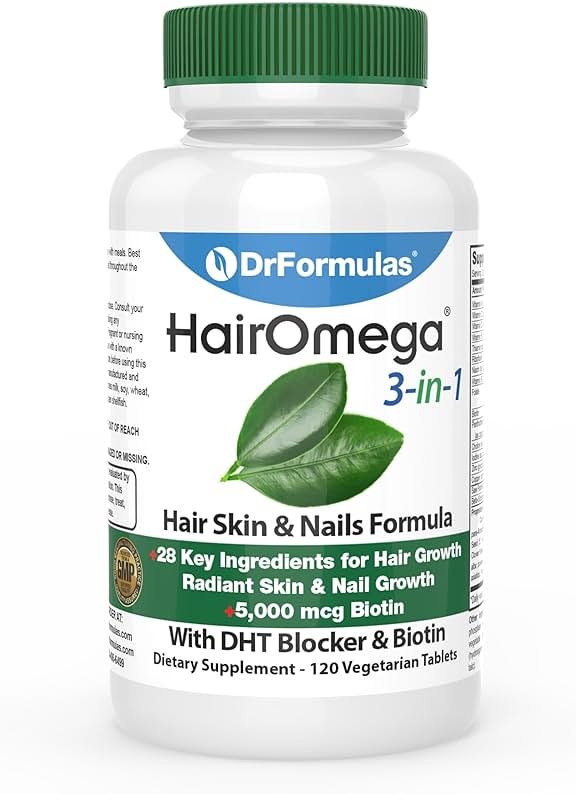 DrFormulas HairOmega 3-in-1 Hair Growth Vitamins with DHT Blocker, Biotin for Women & Men | Hair Skin and Nails Supplement for Hair Loss, 120 Pills - Product Image