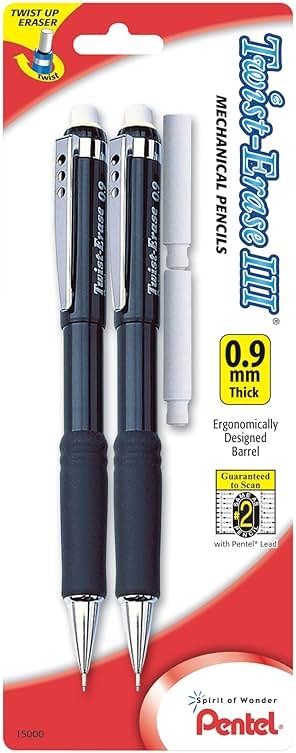 Pentel Twist-Erase III Mechanical Pencil, (0.9mm), Assorted Barrel Colors with 2 Eraser Refills, Pack of 2 (QE519BP2-K6) - Product Image