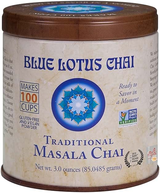 Blue Lotus Chai - Traditional Masala Chai - Makes 100 Cups - 3 Ounce Masala Spiced Chai Powder with Organic Spices - Instant Indian Tea No Steeping - No Gluten - Product Image