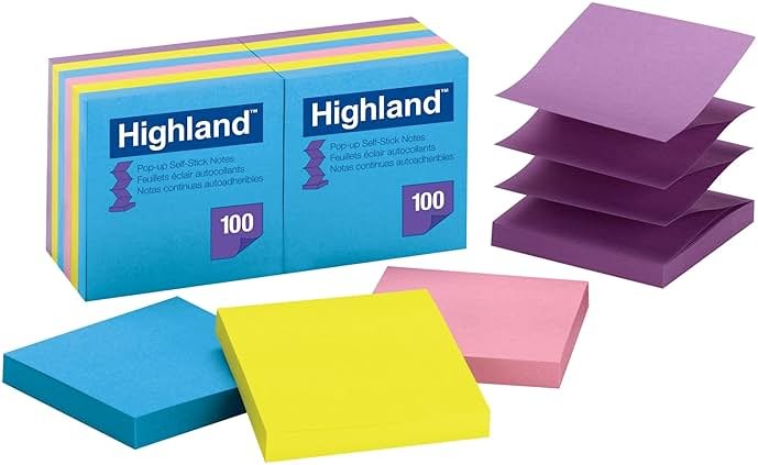 Highland Pop-up Sticky Notes, 3 x 3 Inches, Assorted Bright Colors, 12 Pack (6549-PUB) - Product Image
